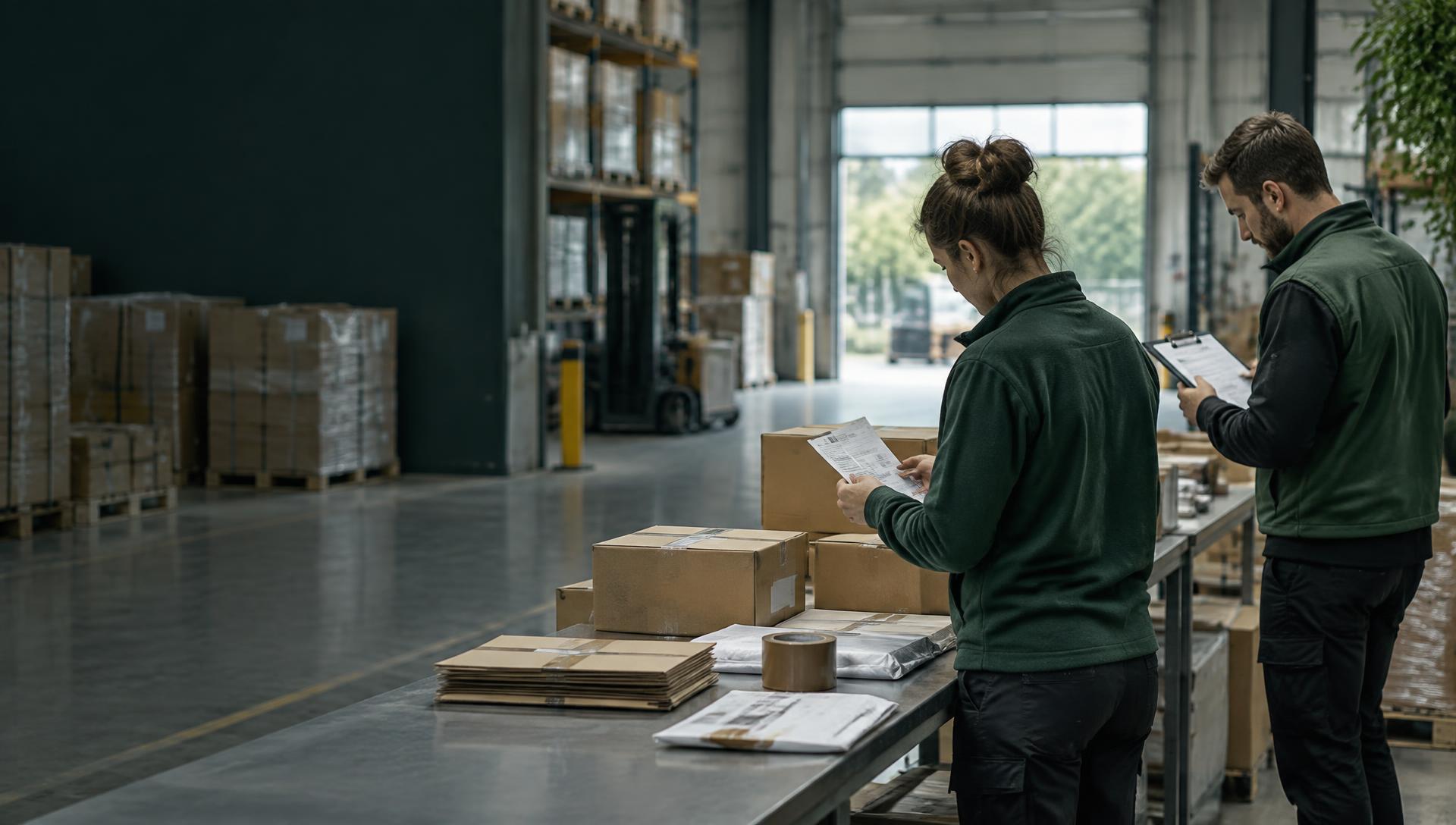 Kontrolle von Verpackungen und Unterlagen in einem Logistikzentrum